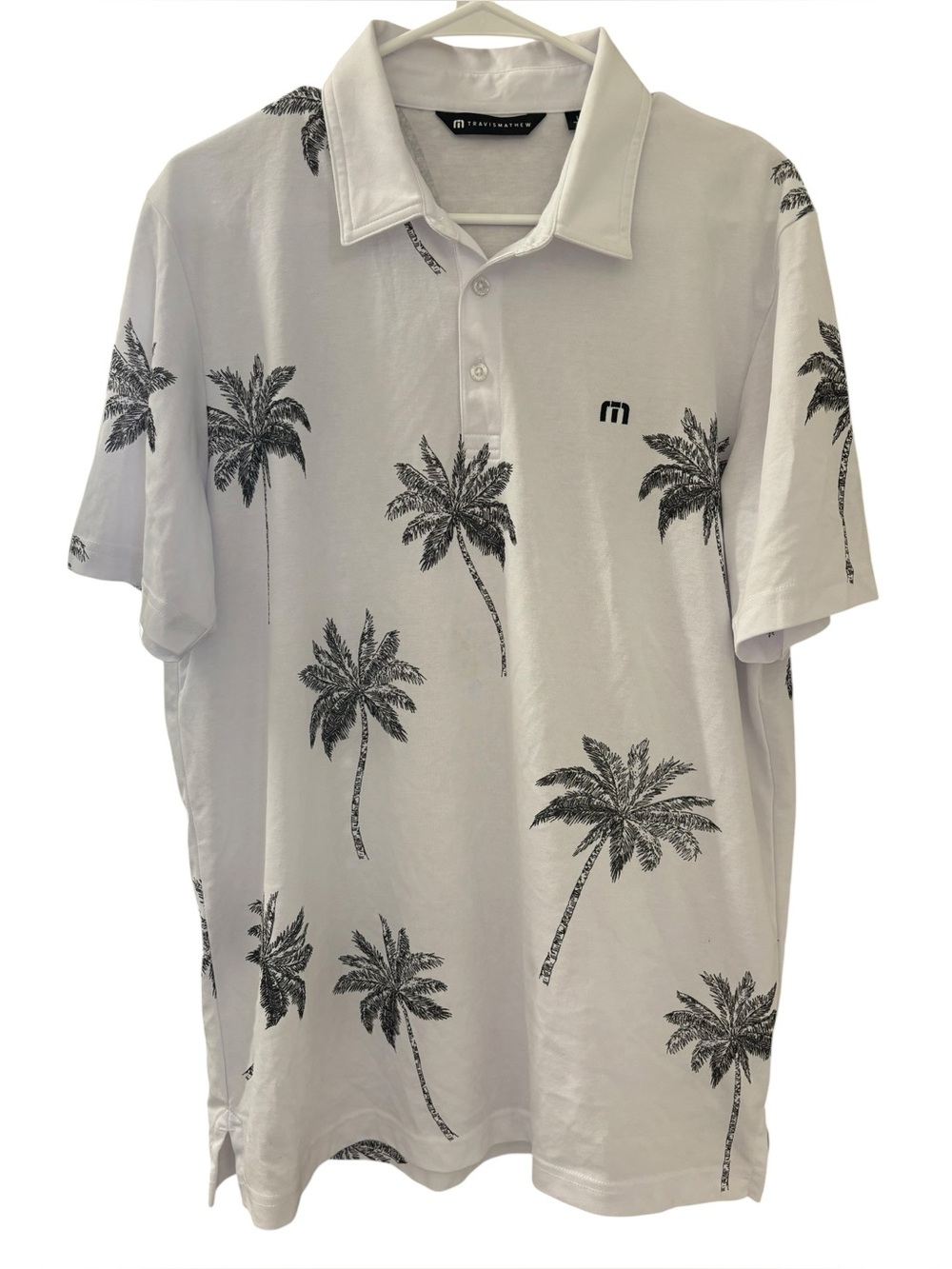 Travis Mathew Men's White/Black Palm Trees Mesic Perfect Polo Shirt Size Large